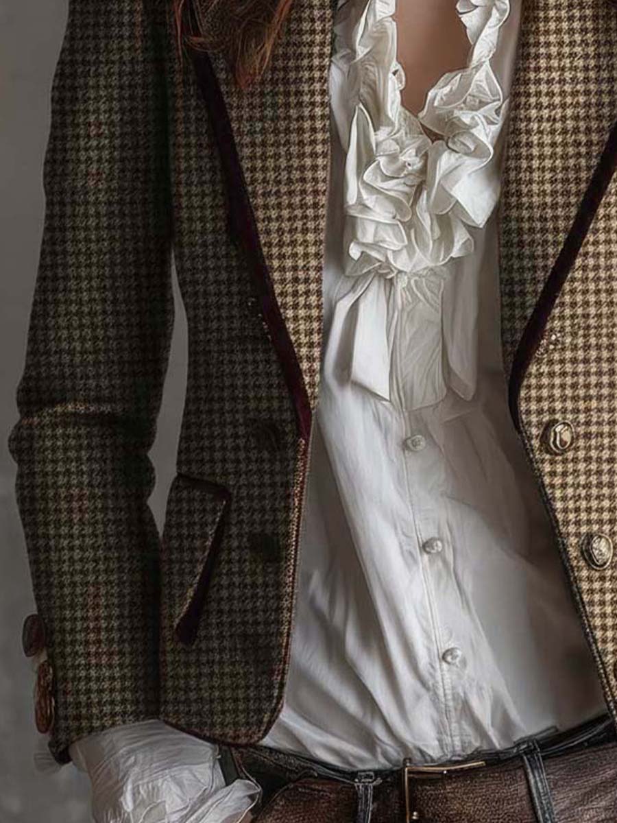 Bruine dames blazer met pied-de-poule patroon | Zakelijke outfit