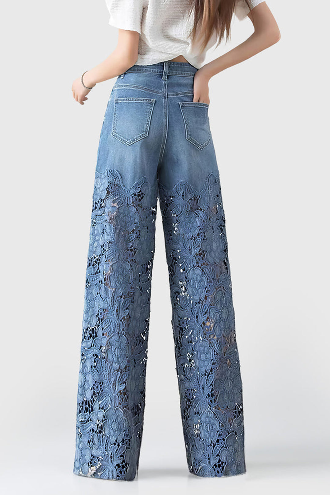 High waist dames jeans met kant borduurwerk | Wide Leg