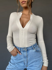 Dames basic top met rits | Slim fit en lange mouwen