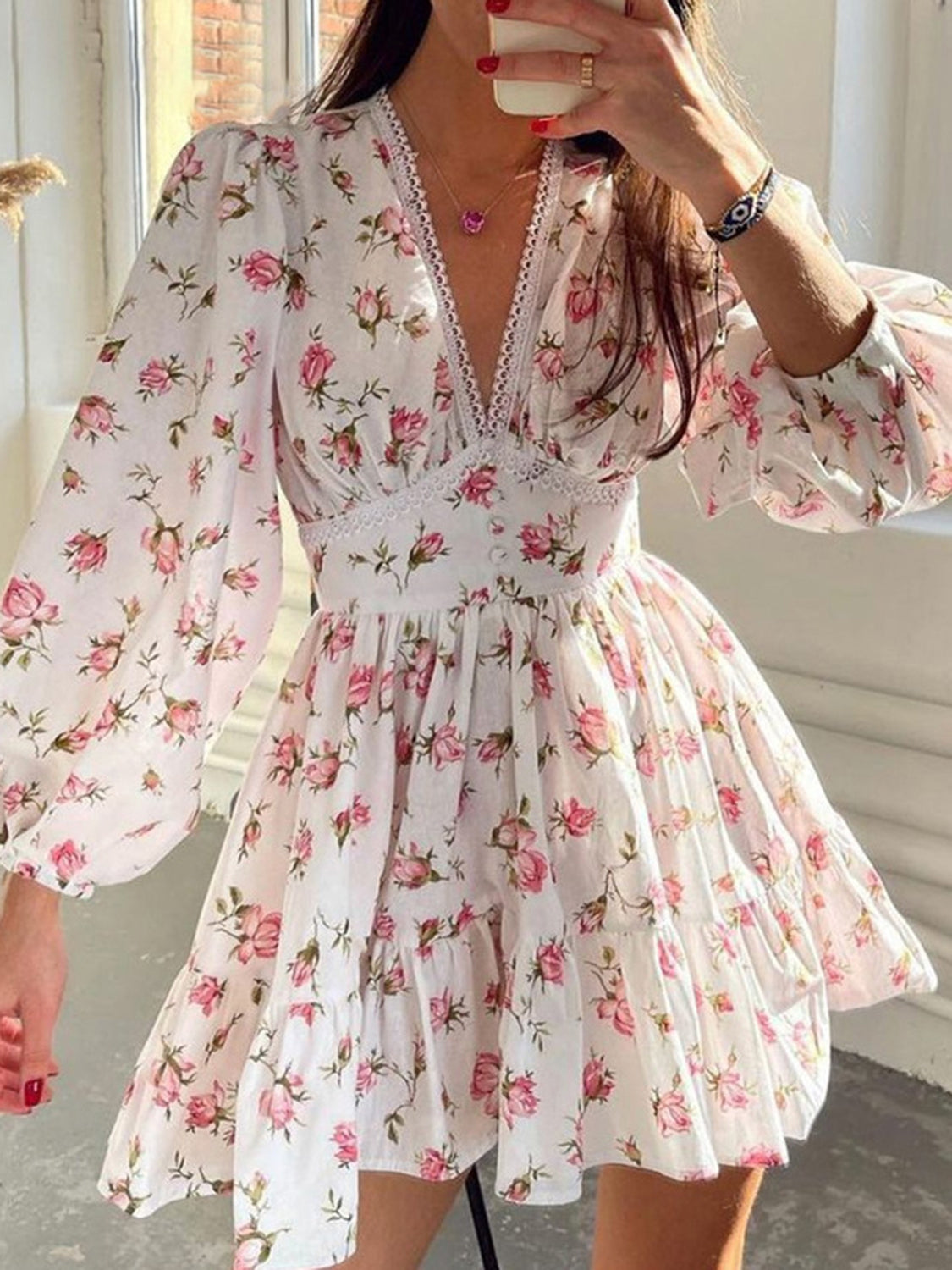 Women's summer dress V-neck with floral print