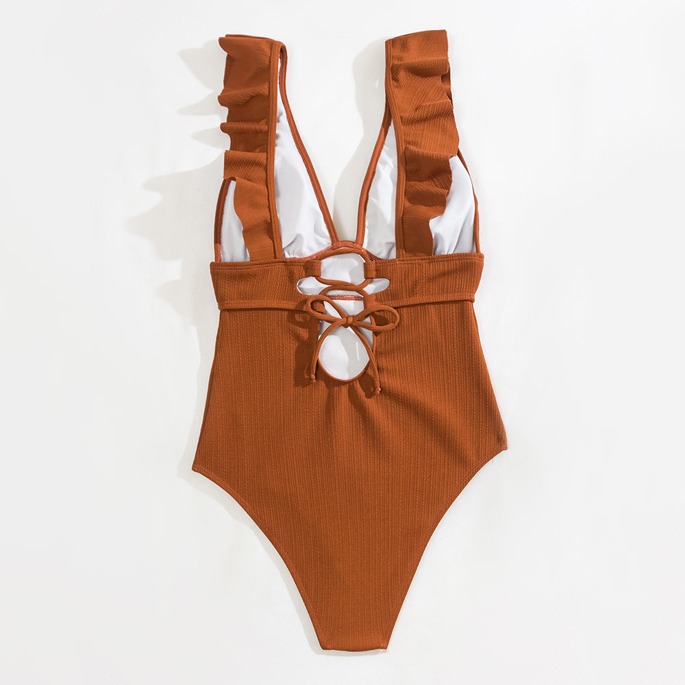 Women's swimsuit with ruffles and V-neck