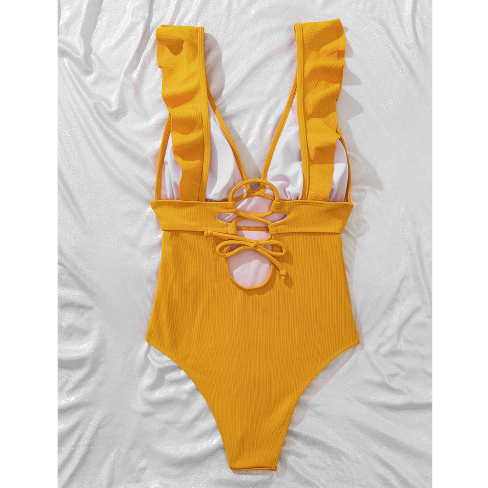 Women's swimsuit with ruffles and V-neck