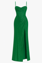 Glitter avondjurk dames met hoge split en spaghettibandjes