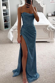 Glitter avondjurk dames met hoge split en spaghettibandjes