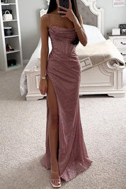 Glitter avondjurk dames met hoge split en spaghettibandjes