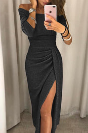 Dames galajurk off shoulder met split en lange mouwen