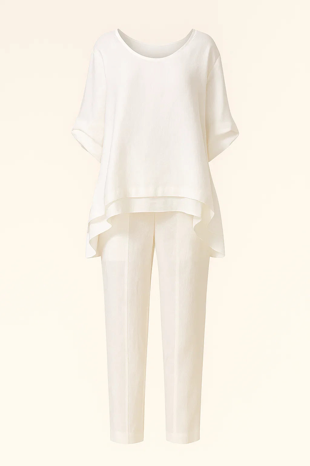Women's white two-piece set with shirt and pants