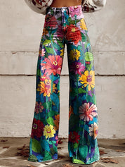 Bloeiende Stijl | Hoge Taille Wijde Dames Broek met Bloemenprint