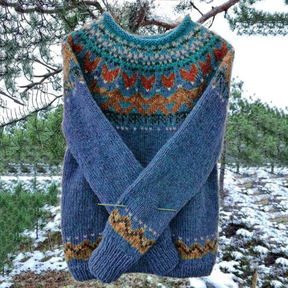 Kleurrijke wintertrui met print dames | Gebreid met ronde hals