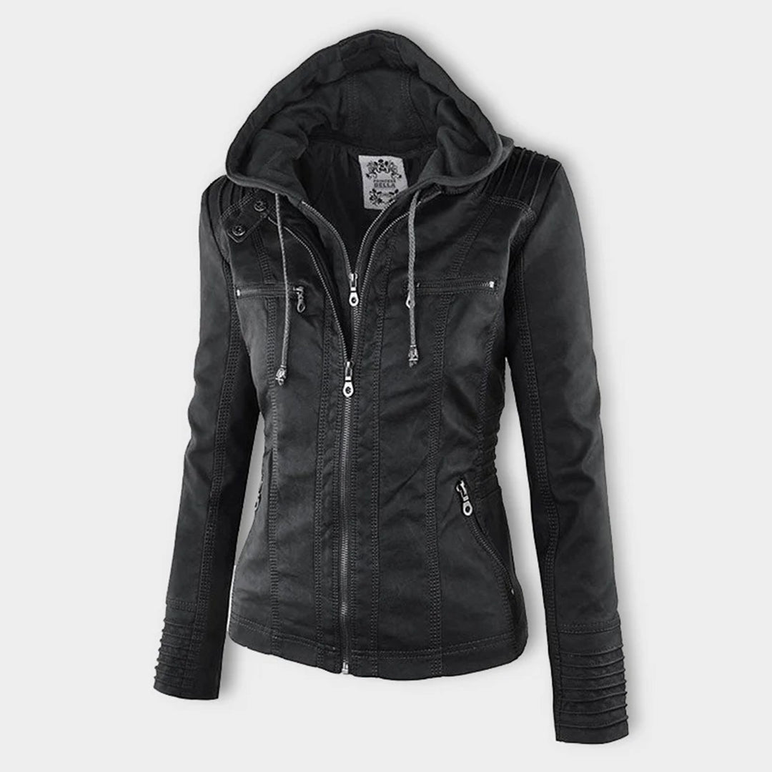 Dames jas met capuchon | Getailleerde jas in leren look