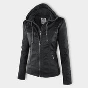 Dames leder-look winterjack met capuchon