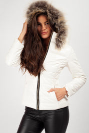 Gewatteerde korte dames pufferjack met imitatie bont en capuchon