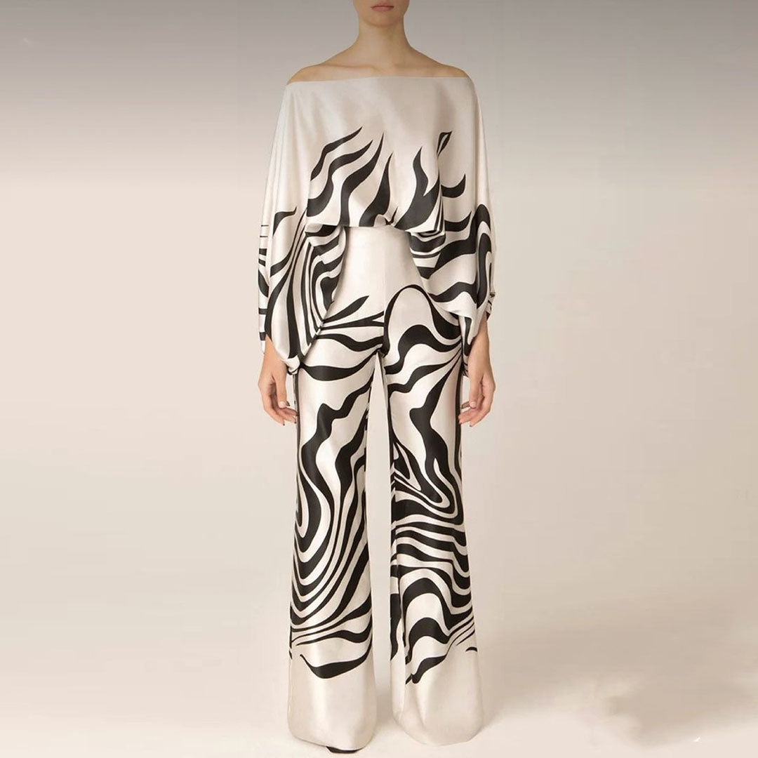 Women's summer set off-shoulder top wide pants lantern sleeves