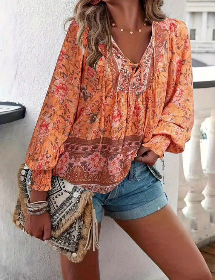 Ladies summer blouse with colorful bohemian print