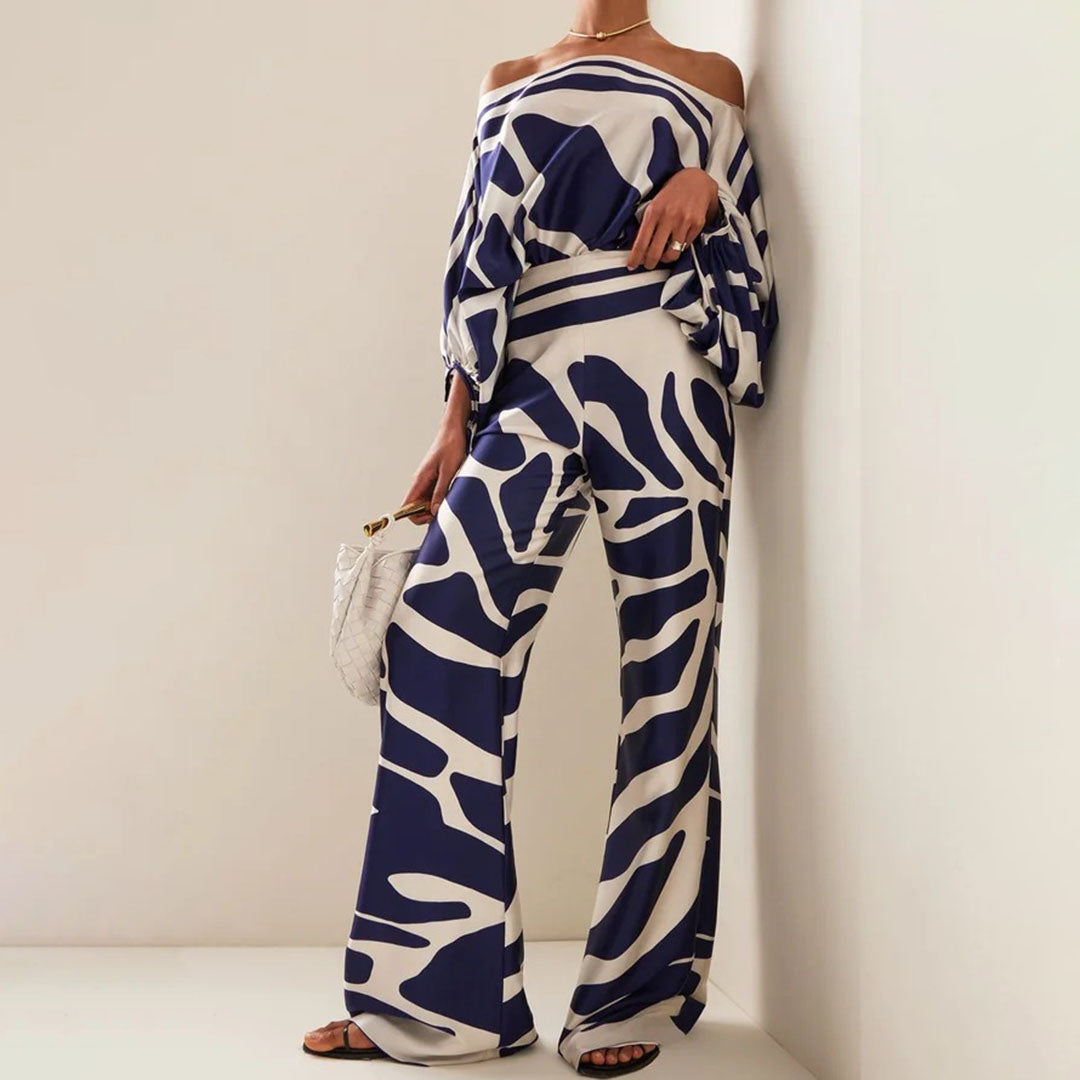 Women's summer set off-shoulder top wide pants lantern sleeves