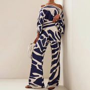 Women's summer set off-shoulder top wide pants lantern sleeves