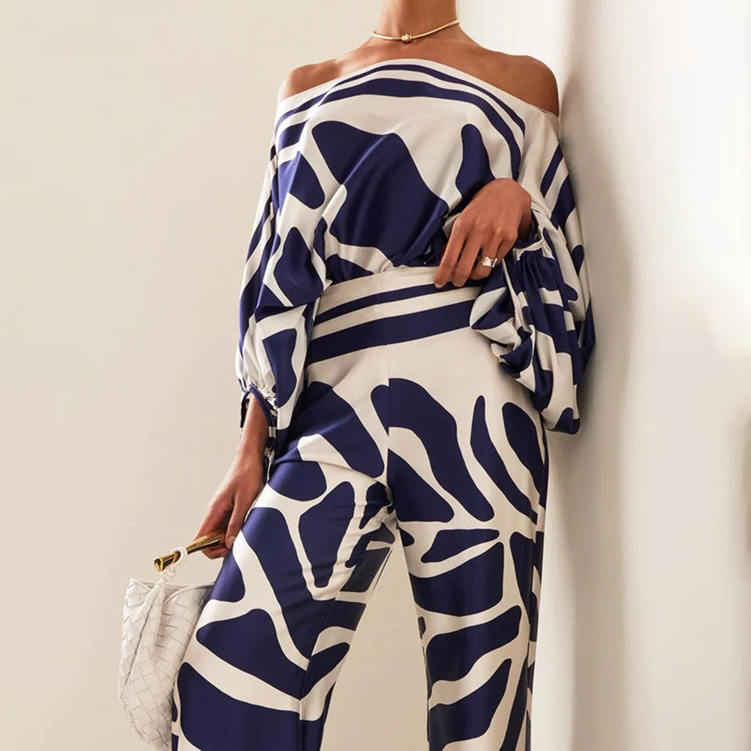 Women's summer set off-shoulder top wide pants lantern sleeves