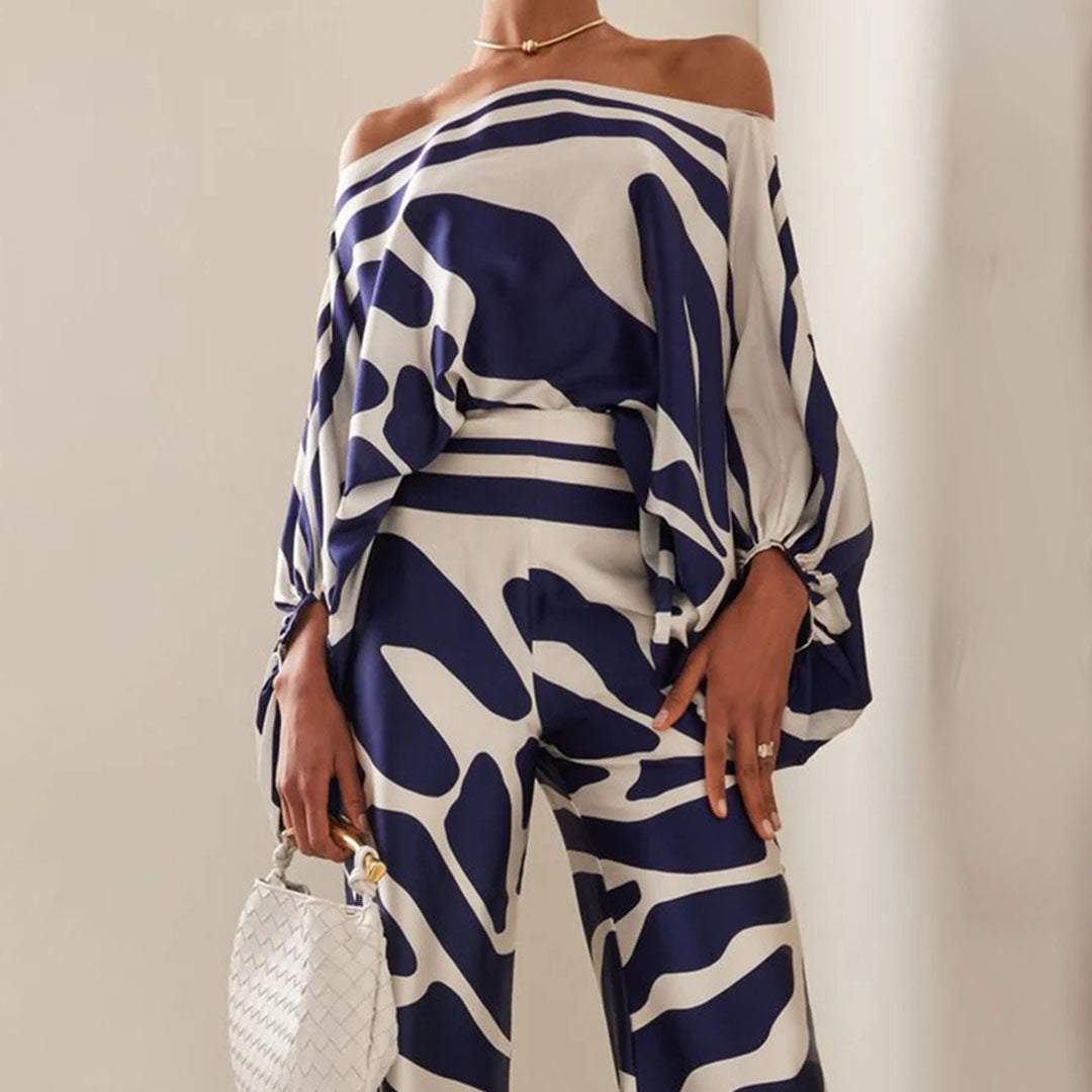 Women's summer set off-shoulder top wide pants lantern sleeves