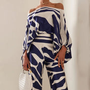 Women's summer set off-shoulder top wide pants lantern sleeves