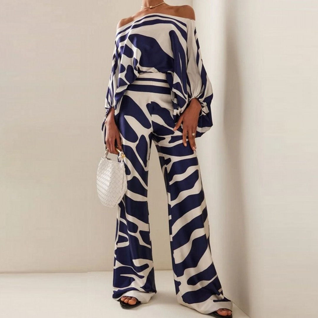 Women's summer set off-shoulder top wide pants lantern sleeves