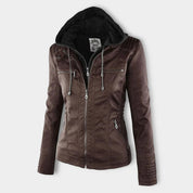 Dames leder-look winterjack met capuchon