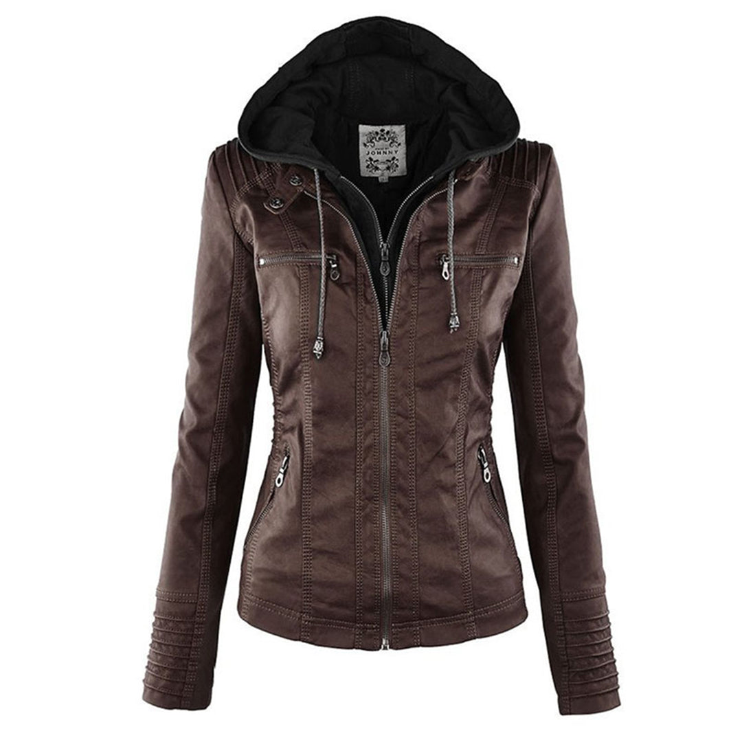 Dames leder-look winterjack met capuchon
