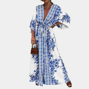 Dames zomerjurk in beige of blauw met print - V-hals en wijde mouwen