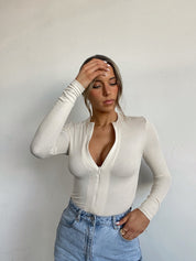 Dames basic top met rits | Slim fit en lange mouwen