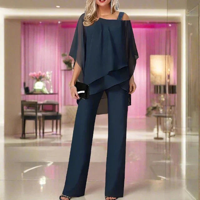 Elegante tweedelige set dames | Brede pijp broek en losse top