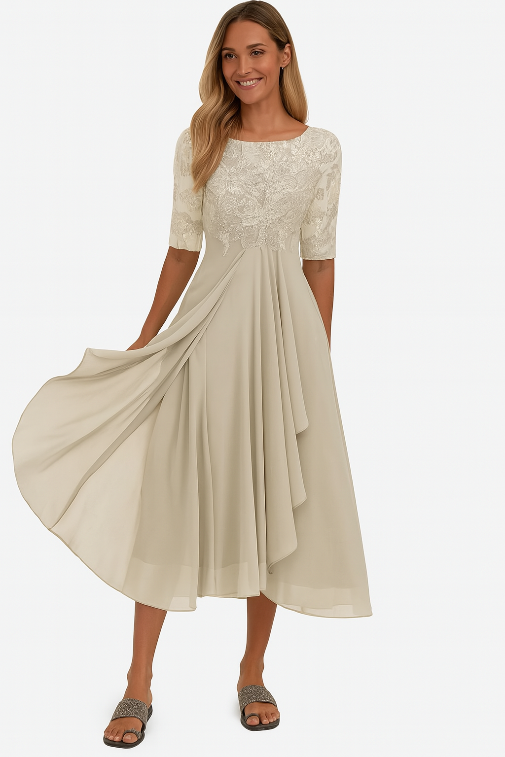 Dames midi feestjurk met kant en chiffon A-lijn