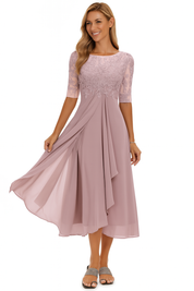 Dames midi feestjurk met kant en chiffon A-lijn