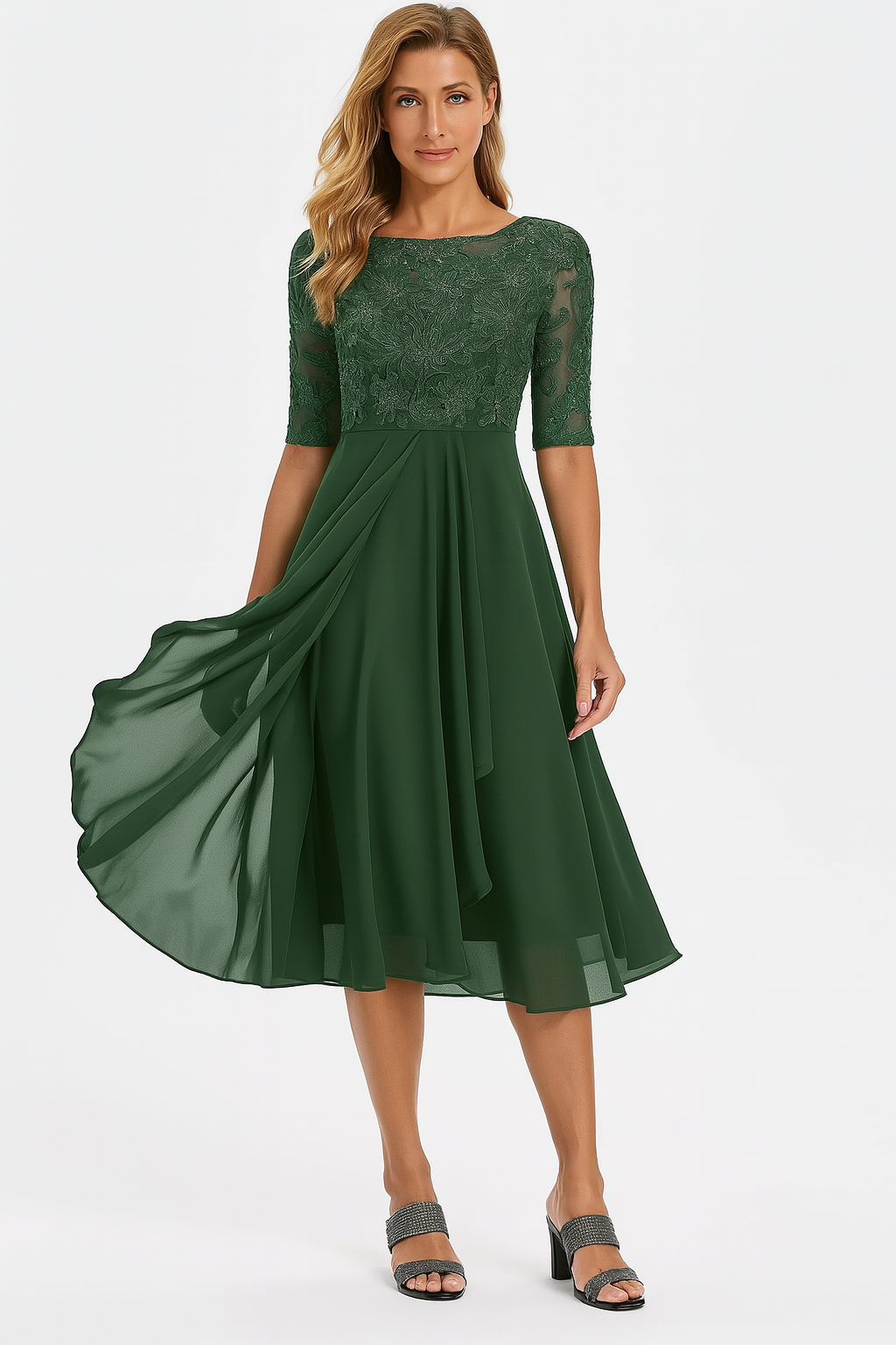 Dames midi feestjurk met kant en chiffon A-lijn