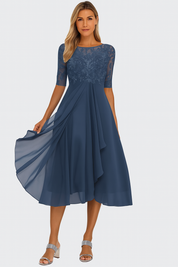 Dames midi feestjurk met kant en chiffon A-lijn