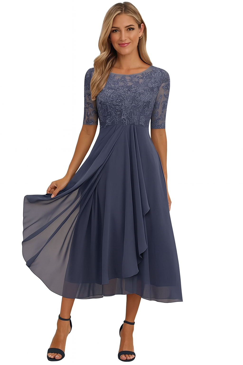 Dames midi feestjurk met kant en chiffon A-lijn