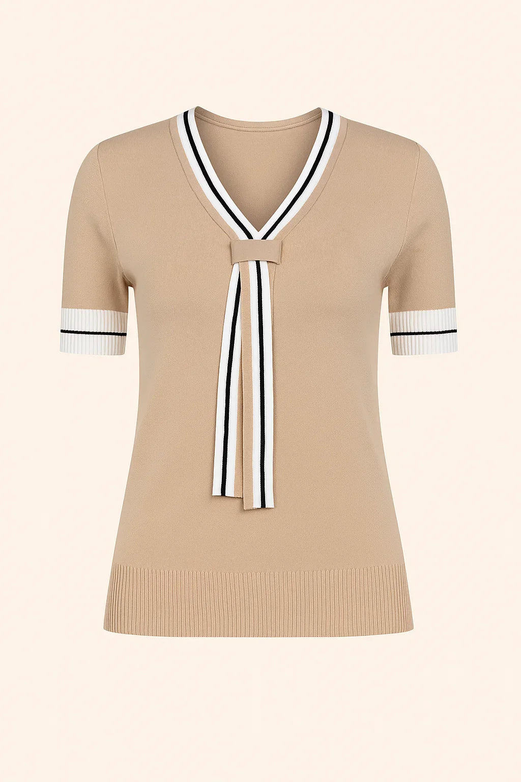 Ladies knitted top with V-neck and short sleeves