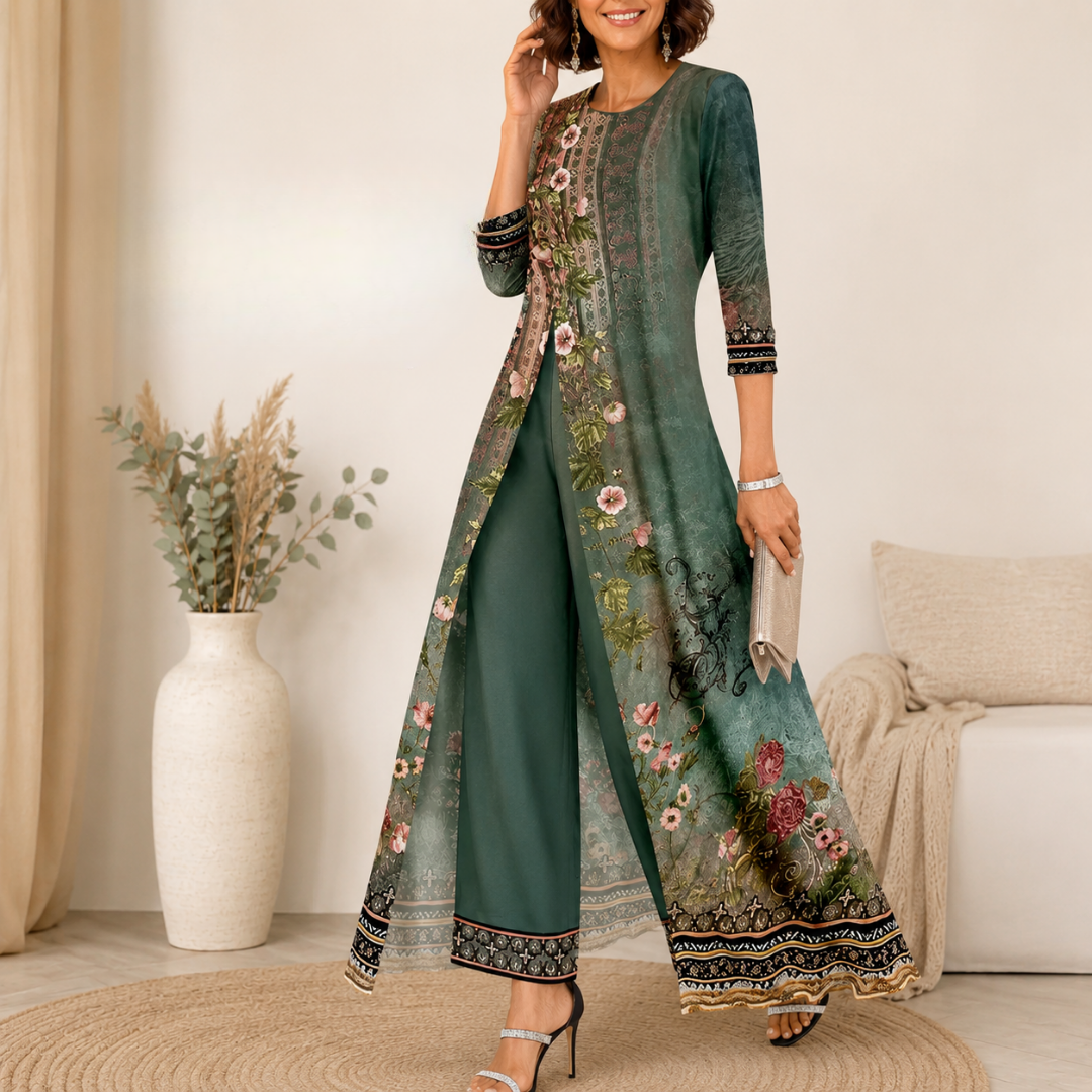 Dames zomerset groen met goud patroon - Kurti met split