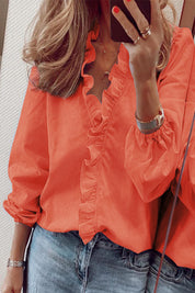 Dames blouse | V-hals met volantdetails en lange mouwen
