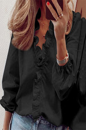 Dames blouse | V-hals met volantdetails en lange mouwen