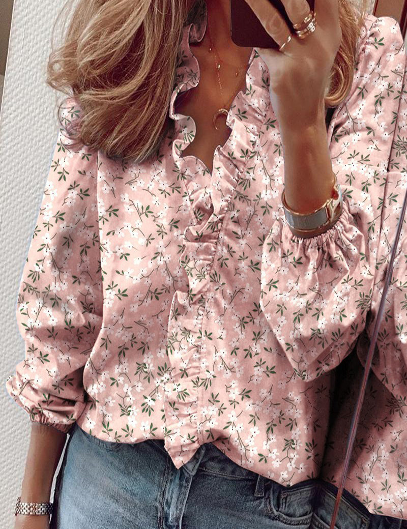Dames blouse | V-hals met volantdetails en lange mouwen