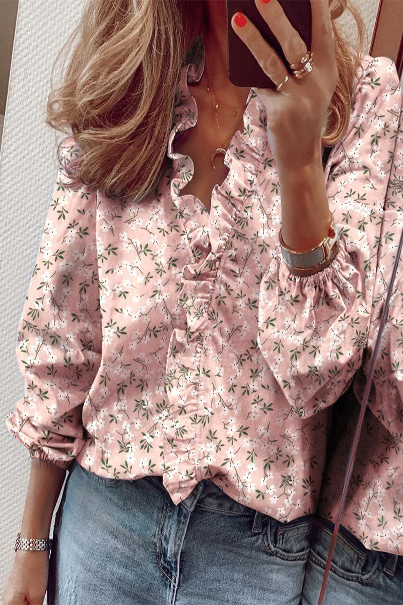 Dames blouse | V-hals met volantdetails en lange mouwen