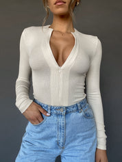 Dames basic top met rits | Slim fit en lange mouwen