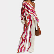 Women's summer set off-shoulder top wide pants lantern sleeves