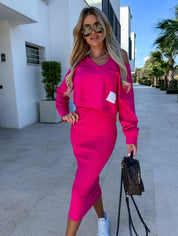 Tweedelige Dames Set Crop Top met Lange Mouw | Midi Rok met Split