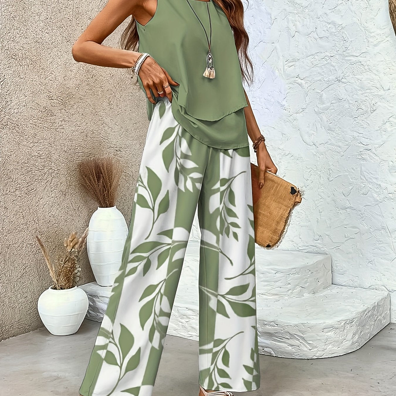 Ladies two-piece summer set with print - Sleeveless top and pants