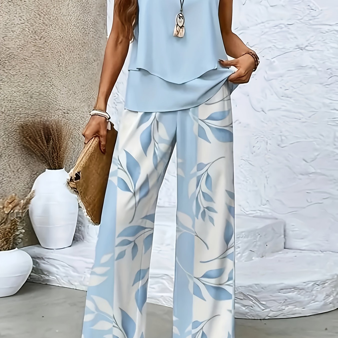 Ladies two-piece summer set with print - Sleeveless top and pants
