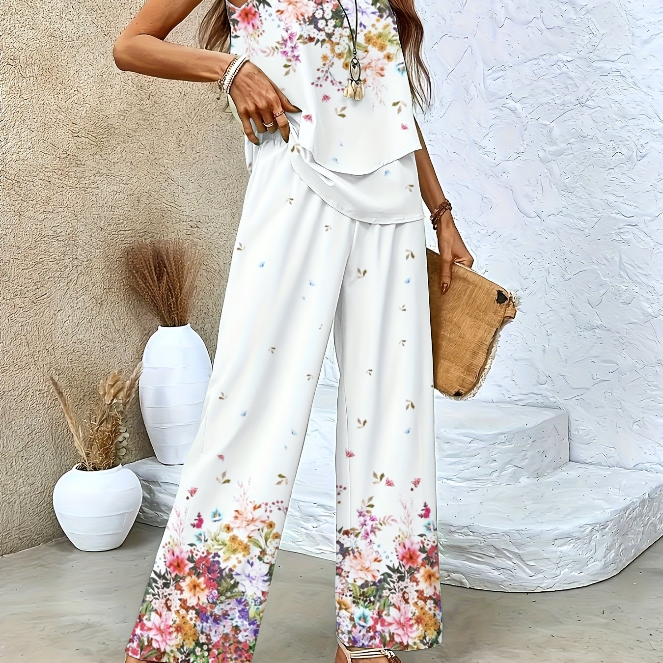 Ladies two-piece summer set with print - Sleeveless top and pants