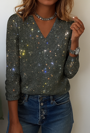 Glitter blouse dames | Feestelijke v-hals top met lange mouwen