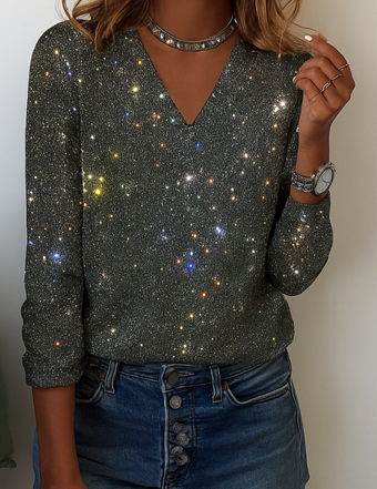 Glitter blouse dames | Feestelijke v-hals top met lange mouwen