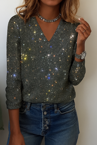 Glitter blouse dames | Feestelijke v-hals top met lange mouwen