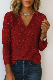 Glitter blouse dames | Feestelijke v-hals top met lange mouwen